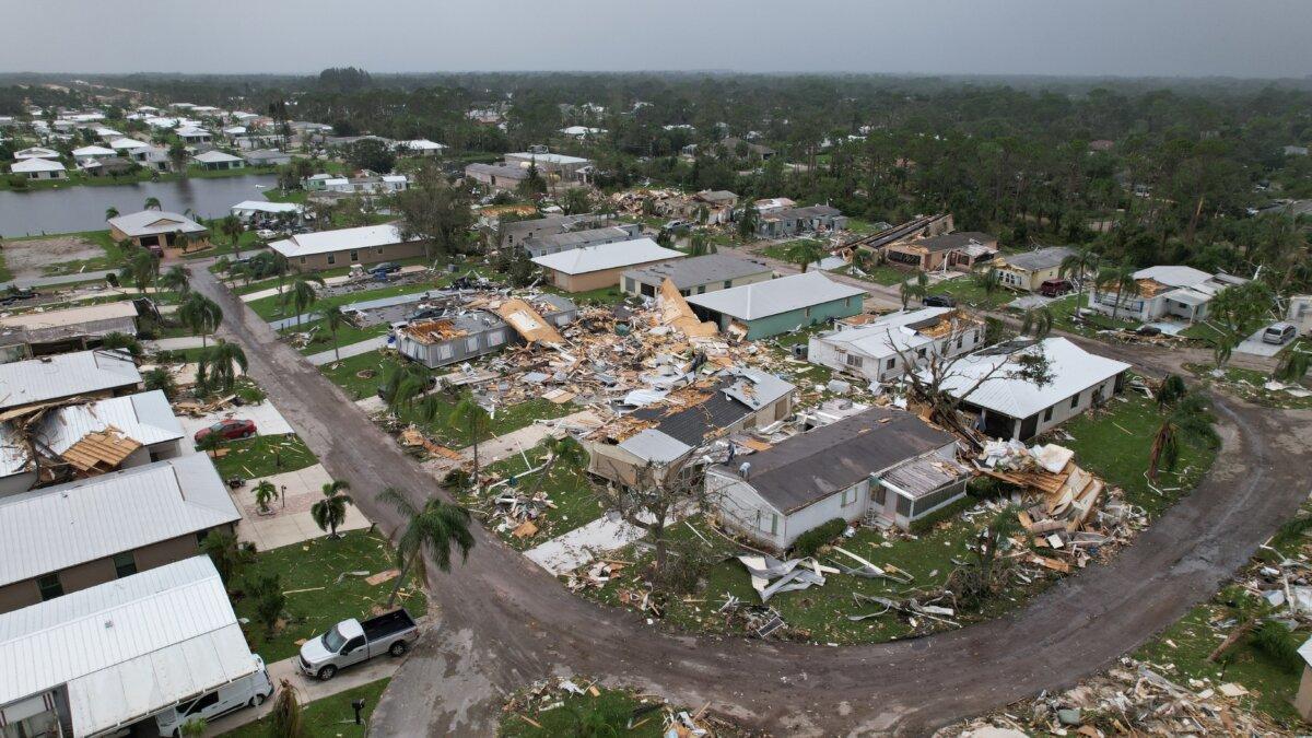 An aerial view shows destruction at the Spanish Lakes country club in Fort Pierce, Fla., in the aftermath of Hurricane Milton on Oct. 10, 2024. (John Falchetto/AFP via Getty Images)