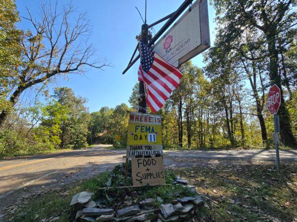 A sign along Route 9 on the way to Asheville, N.C., makes a statement on Oct. 8, 2024. (Allan Stein/The Epoch Times)