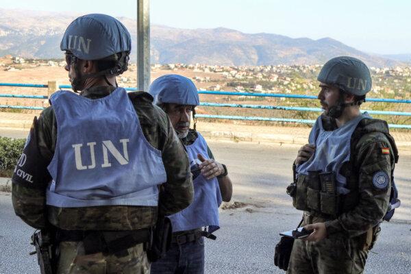 Spanish peacekeepers of the U.N. Interim Force in Lebanon coordinate their patrol with the Lebanese Military Police, in Marjayoun in south Lebanon on Oct. 8, 2024. (-/AFP via Getty Images)