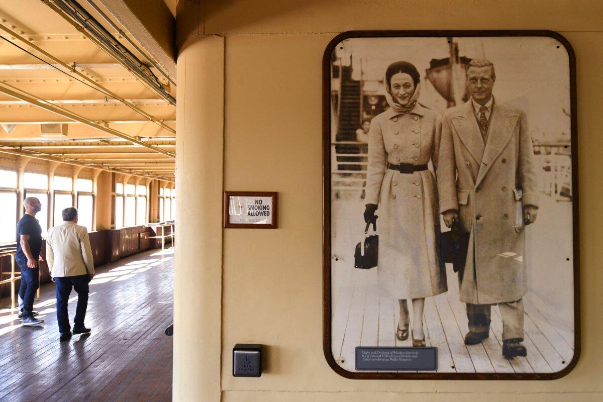 A photograph is displayed of the Duke and Duchess of Windsor, formerly King Edward VIII of Great Britain and Wallis Simpson, on the Queen Mary historic ocean liner in Long Beach, Calif., on Feb. 18, 2022. (Patrick T. Fallon/AFP via Getty Images)