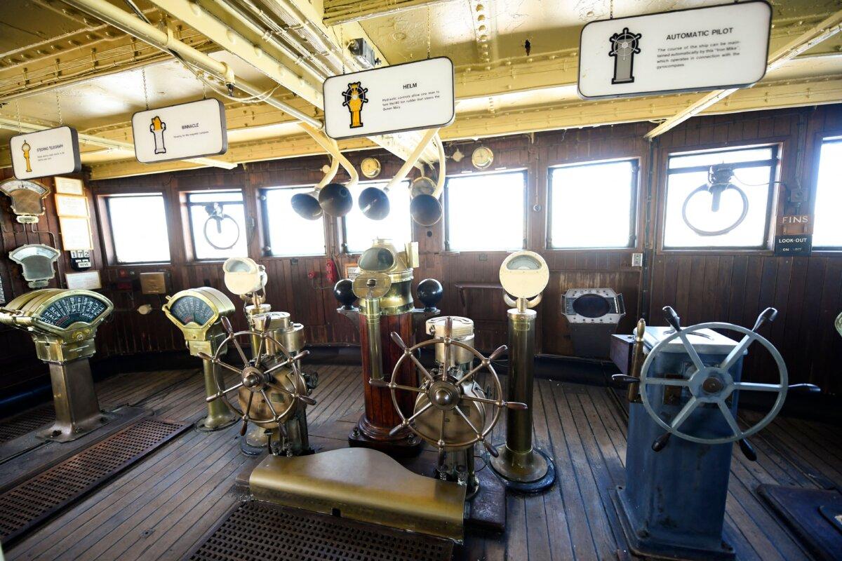 Inside the bridge aboard the historic Queen Mary ocean liner during major repairs and renovations in Long Beach, Calif., on Feb. 18, 2022. (Patrick T. Fallon/AFP via Getty Images)