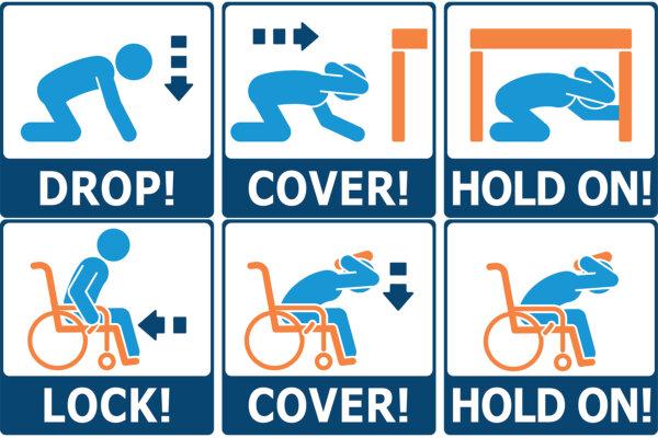 Illustrations of the three actions of drop/lock, cover, and hold on that help people protect themselves during earthquakes. (Courtesy of Earthquake Country Alliance)