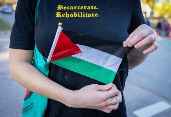 "Cassidy" finishes a demonstration to raise awareness for the ongoing Gaza war in Durham, N.C., on Oct. 17, 2024. (John Fredricks/The Epoch Times)