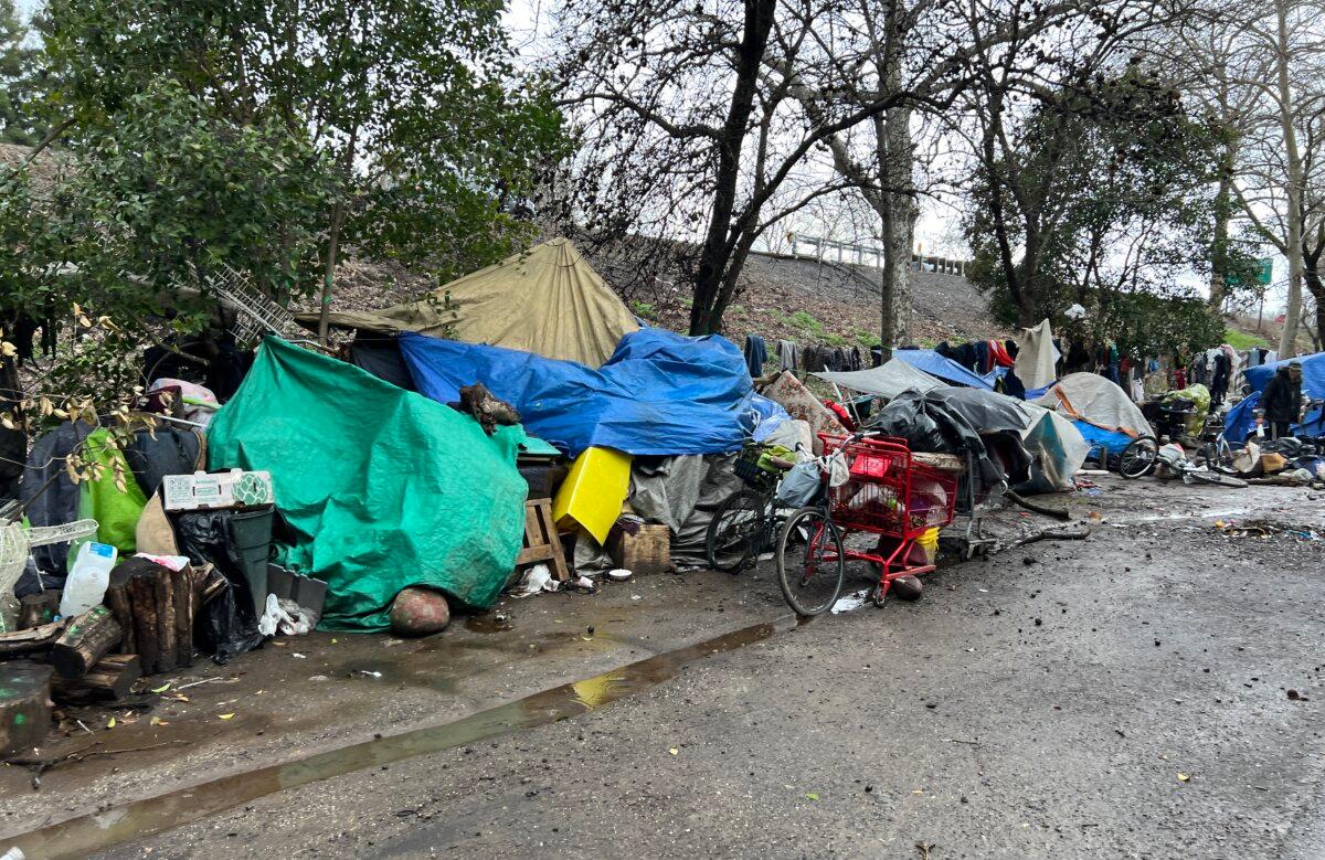 A homeless encampment in Chico, Calif., on March 12, 2023. (Brad Jones/The Epoch Times)