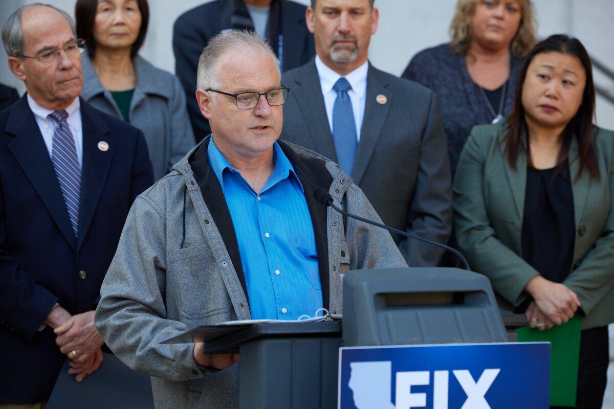 Brett Boman, an advocate for the homeless, speaks at a press conference at the state Capitol Building in Sacramento, Calif., on Jan. 24, 2023. (Courtesy California Senate Republican Caucus)