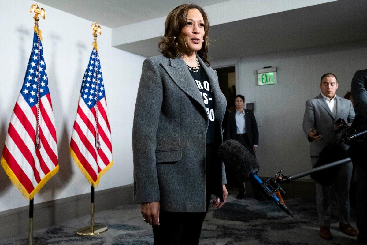 Vice President and Democratic presidential candidate Kamala Harris speaks to the press before a campaign rally in Detroit, Mich., on Oct. 19, 2024. (Saul Loeb/AFP via Getty Images)