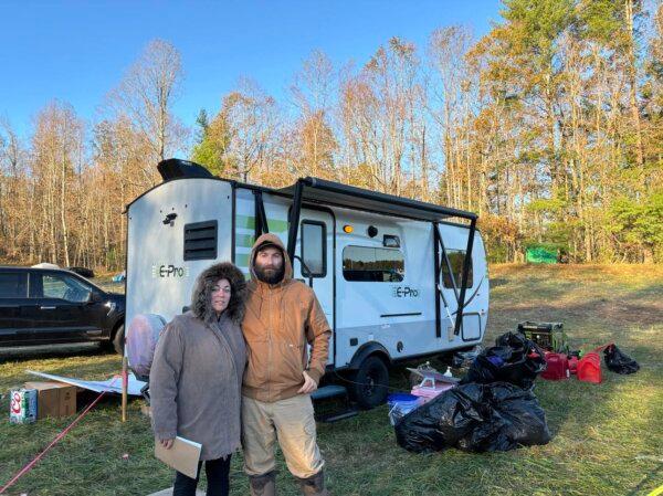 Billy Barthel and Andrea Mathews manage Camp Unknown, which provides volunteer disaster relief in Spruce Pine, N.C. Photo taken on Oct. 17, 2024. (Jeff Louderback/The Epoch Times)