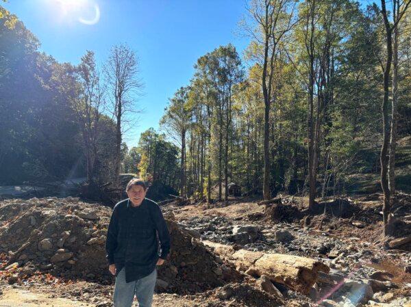 Gary Budd, seen on Oct. 17, 2024, survived Hurricane Helene with his wife, but his property received extensive damage. (Jeff Louderback/The Epoch Times)