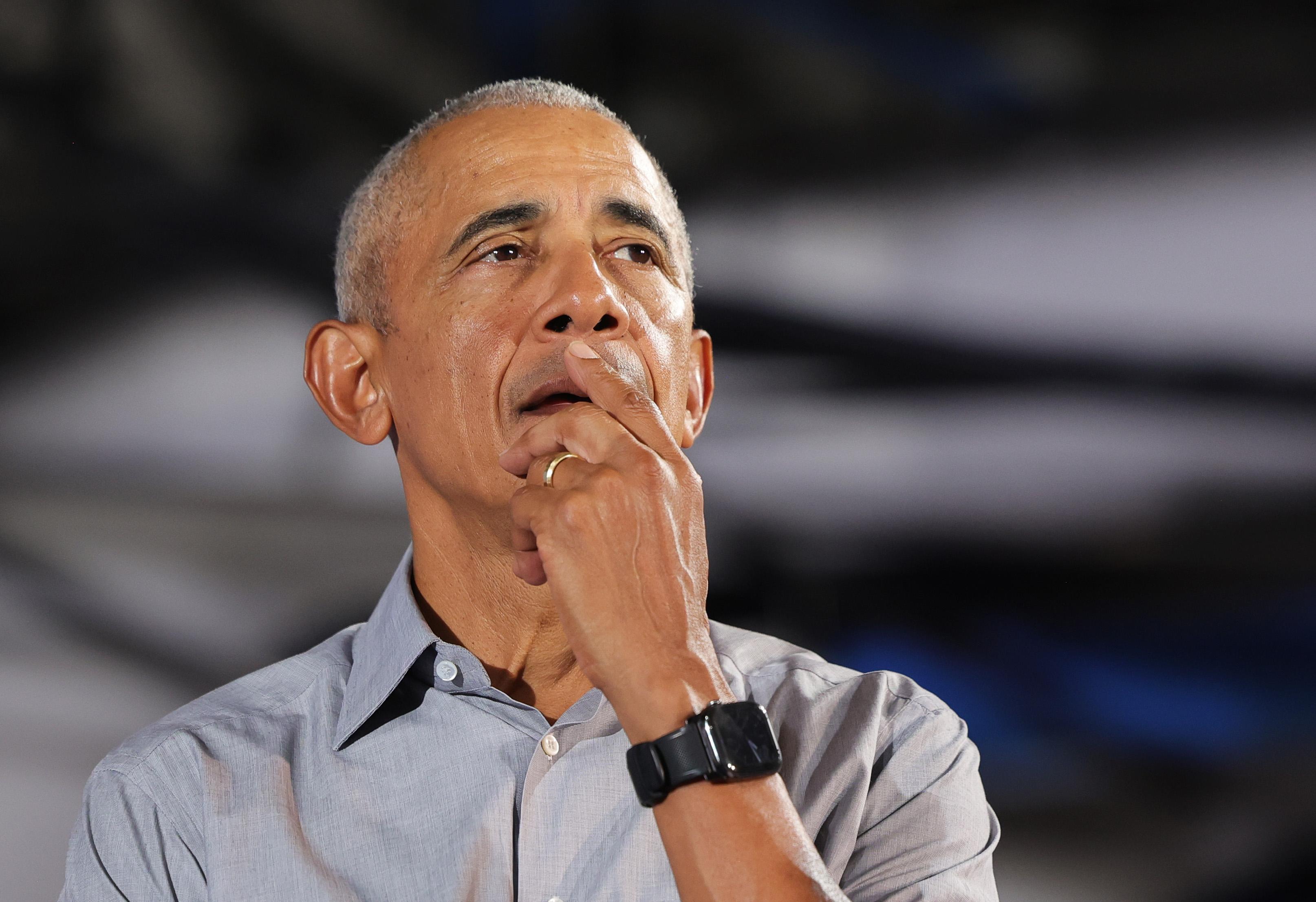 Former President Barack Obama pauses as he speaks during a get-out-the-vote rally as he campaigns for Democratic presidential nominee and Vice President Kamala Harris, her running mate, Minnesota Gov. Tim Walz, and Nevada Democratic candidates on the ballot on the first day of early voting at Cheyenne High School in North Las Vegas on Oct. 19, 2024. (Ethan Miller/Getty Images)