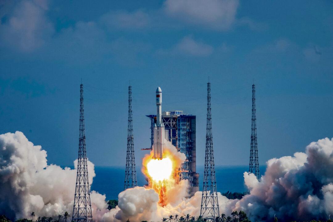 A Long March 7Y4 rocket carrying the Tianzhou 3 cargo ship to deliver supplies to Tiangong space station is launched from the Wenchang Space Launch Centre in Hainan Province, China, on Sept. 20, 2021. (STR/AFP via Getty Images)