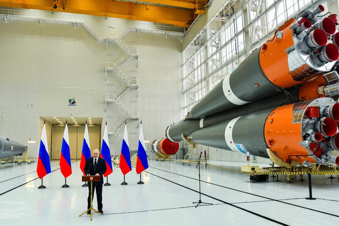 Russian President Vladimir Putin delivers a speech during his visit to the Vostochny Cosmodrome spaceport in Russia's far east region on April 12, 2022. (Yevgeny Biyatov/Sputnik/AFP via Getty Images)