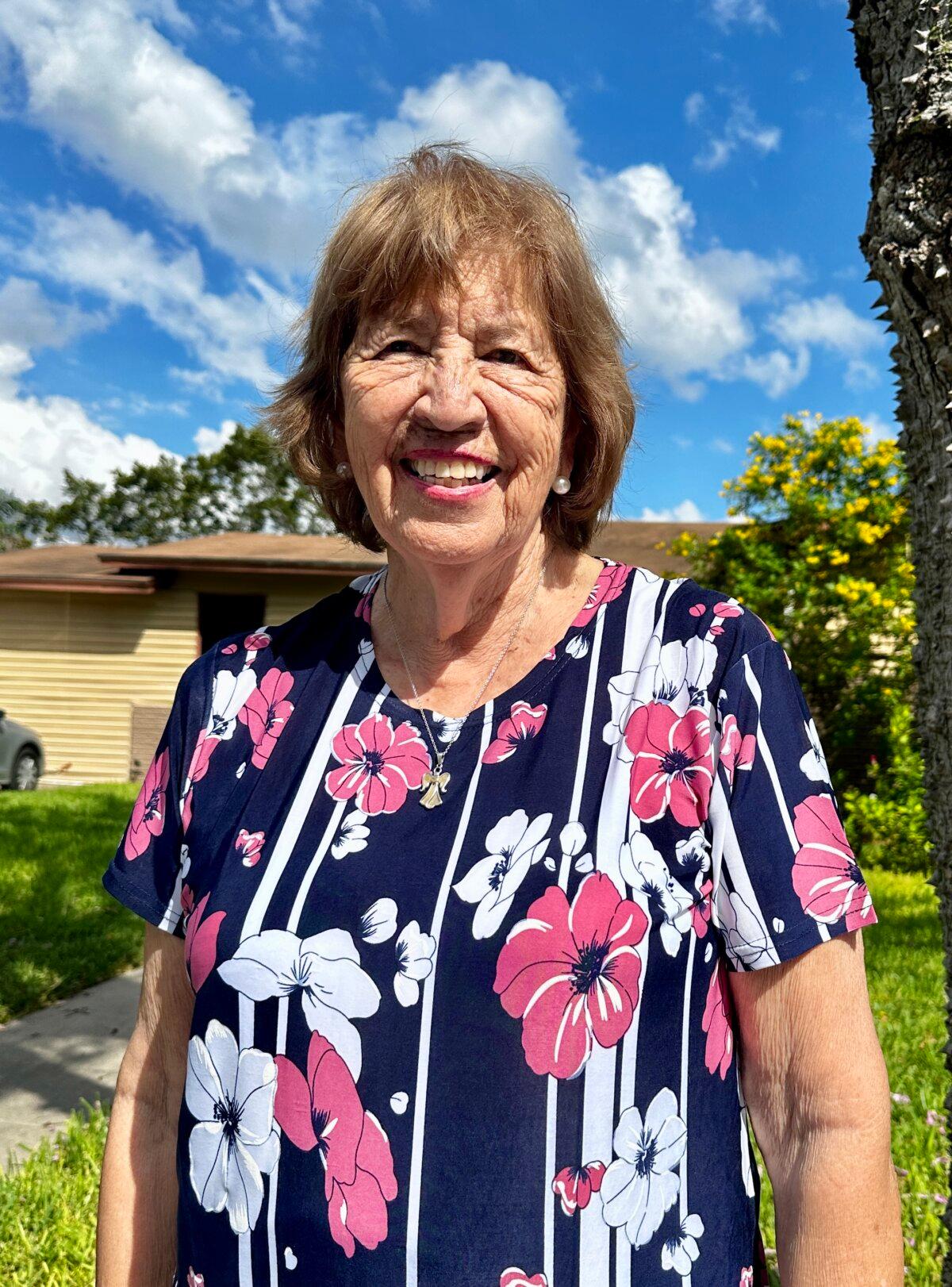 Minerva Perez said she would vote for Trump while standing outside her Brownsville, Texas, home on Oct. 1, 2024. (Darlene McCormick Sanchez/The Epoch Times)