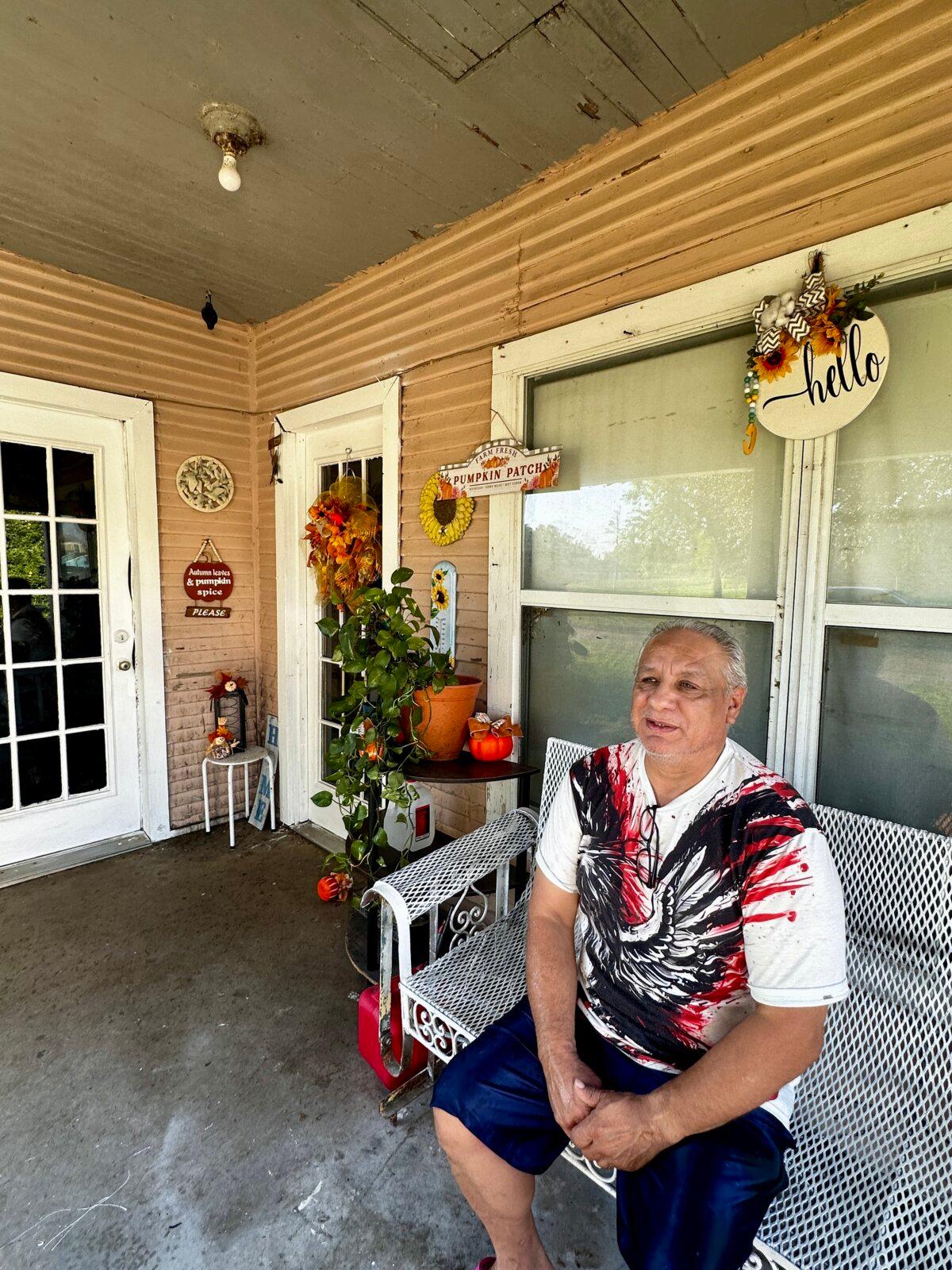 Ernesto Alonzo Chapa sat on his porch Sept. 30. 2024, in Kingsville, Texas, discussing why he supports Vice President Kamala Harris for president. (Darlene McCormick Sanchez/The Epoch Times)