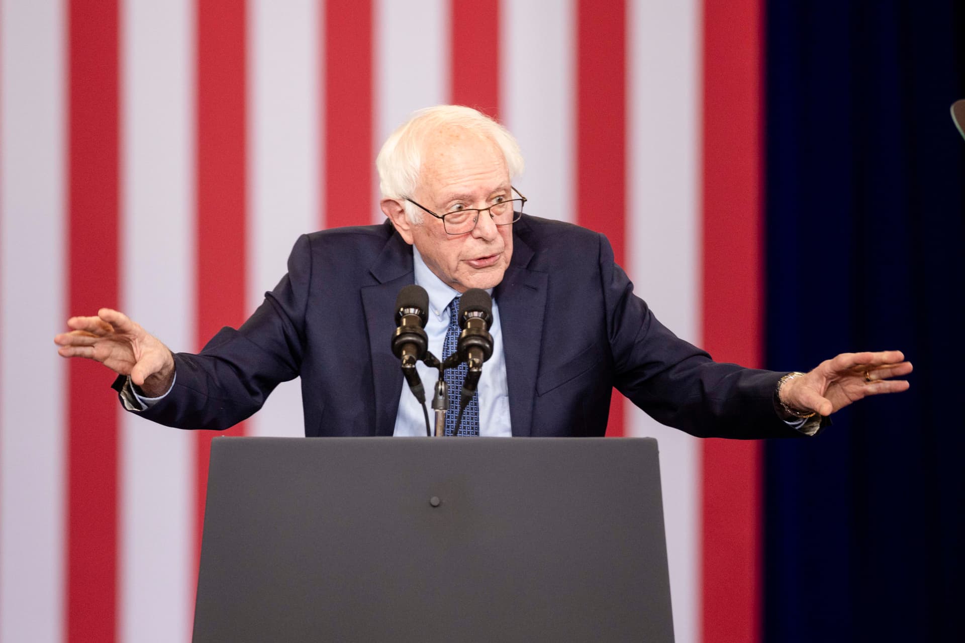 Sen. Bernie Sanders (I-Vt.) delivers remarks on stage at NHTI Concord Community College in New Hampshire on Oct. 22, 2024. (Scott Eisen/Getty Images)