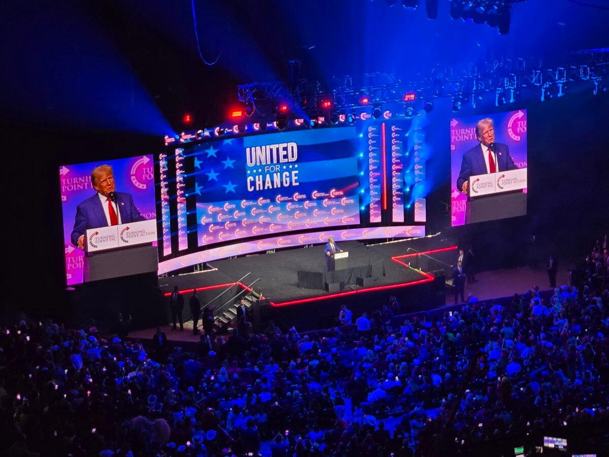 Former President Donald Trump addresses a large gathering during a rally in Las Vegas on Oct. 24, 2024. (Allan Stein/The Epoch Times)