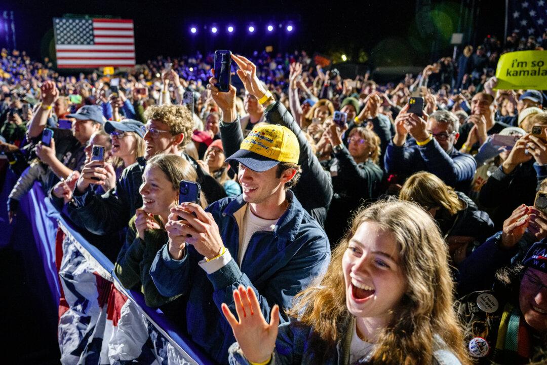 Supporters cheer as Democratic presidential nominee Vice President Kamala Harris speaks during a campaign rally in Ann Arbor, Mich., on Oct. 28, 2024. (Brandon Bell/Getty Images)