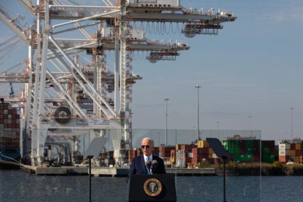 President Joe Biden delivers remarks on his administration's Investing in America agenda at the Port of Baltimore in Baltimore, Md., on Oct. 29, 2024. Biden announced a $3 billion investment from his Inflation Reduction Act in Environmental Protection Agency Clean Ports grants, including $147 million in awards for the Maryland Port Administration. (Anna Rose Layden/Getty Images)