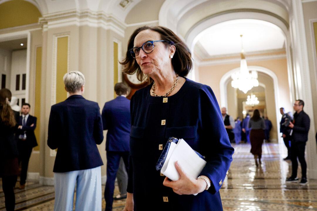 (Top) Nebraska independent U.S. Senate candidate Dan Osborn speaks during a news conference at his home in Omaha, Neb., on May 15, 2024. (Bottom) Sen. Deb Fischer (R-Neb.) walks to the Senate Chambers at the U.S. Capitol on Feb. 7, 2024. (Nikos Frazier/Omaha World-Herald via AP, File, Anna Moneymaker/Getty Images)