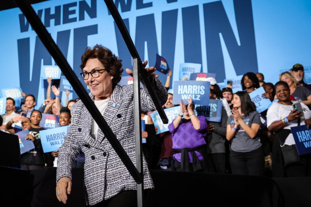 (Top) Nevada Republican U.S. Senate candidate Sam Brown speaks at the 2024 Republican National Convention in Milwaukee on July 16, 2024. (Bottom) Sen. Jacky Rosen (D-Nev.) takes the stage at a Harris campaign rally in Las Vegas on Oct. 19, 2024. (Patrick T. Fallon/AFP via Getty Images, Ethan Miller/Getty Images)