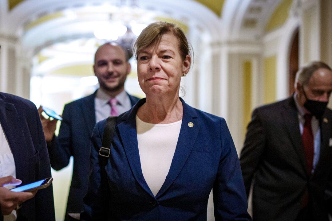 (Left) Wisconsin Republican U.S. Senate candidate Eric Hovde speaks at a Trump rally at Dodge County Airport in Juneau, Wis., on Oct. 6, 2024. (Right) Sen. Tammy Baldwin (D-Wis.) speaks with a reporter at the U.S. Capitol on Nov. 16, 2022. (Scott Olson/Getty Images, Drew Angerer/Getty Images)