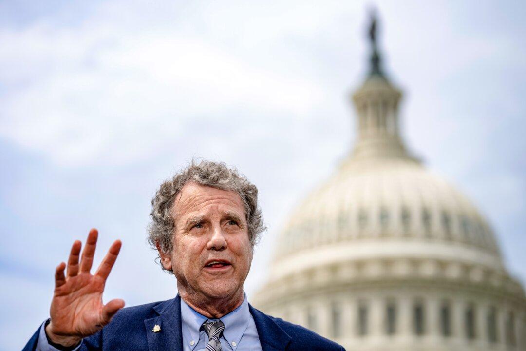 (Top) Former President Donald Trump and Ohio Republican U.S. Senate candidate Bernie Moreno attend a rally at the Dayton International Airport in Vandalia, Ohio, on March 16, 2024. (Bottom) Sen. Sherrod Brown (D-Ohio) speaks during a news conference on Capitol Hill in Washington on July 28, 2022. (Scott Olson/Getty Images, Drew Angerer/Getty Images)