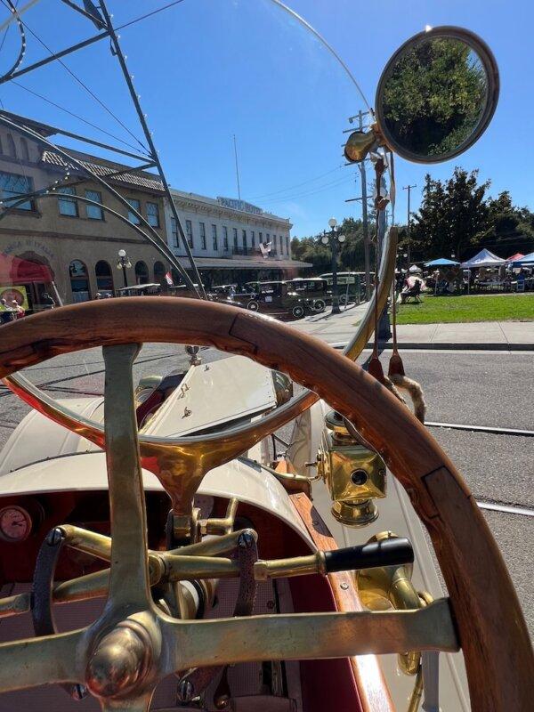 From the driver’s seat, a view of the reconstructed Pacific Hotel at History Park. (Courtesy of Karen Gough)