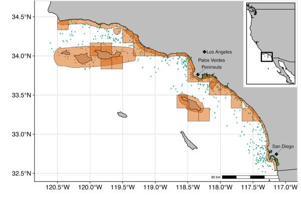 A figure showing locations along the Southern California Bight where DDT sediment samples (green dots) and fish samples (orange, fish zones) were collected. (Courtesy of Lillian McGill)