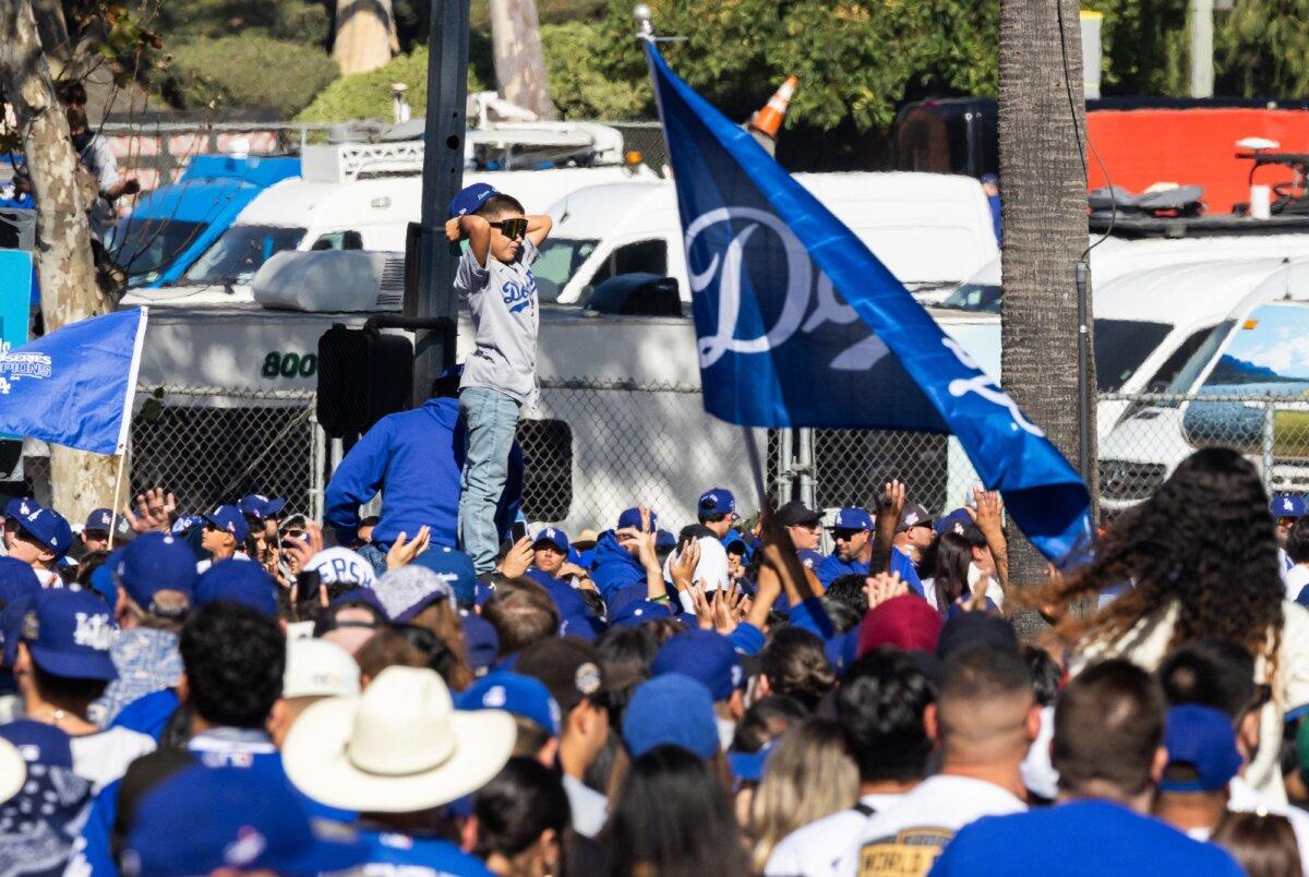 Tens of thousands of Dodger fans flood the streets to celebrate the Dodgers 2024 World Series win in downtown Los Angeles on Nov. 1, 2024. (John Fredricks/The Epoch Times)