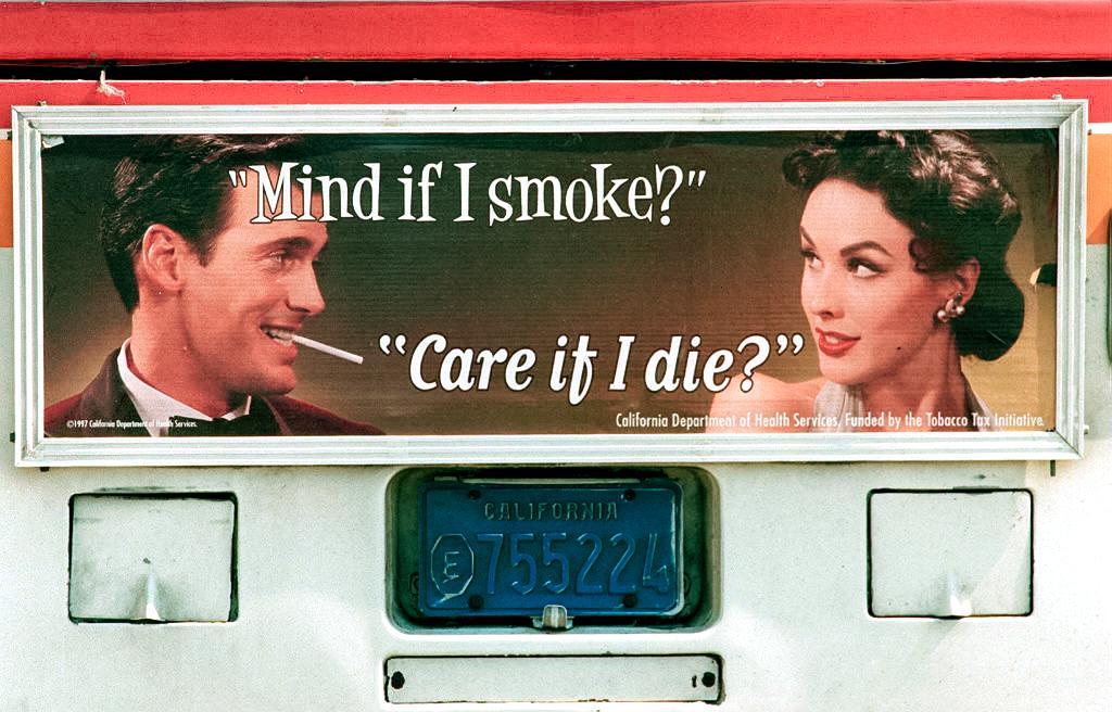 An anti-smoking poster issued by the California Department of Health Services adorns the back of a Los Angeles Metropolitan bus. (Hector Mata/AFP via Getty Images)