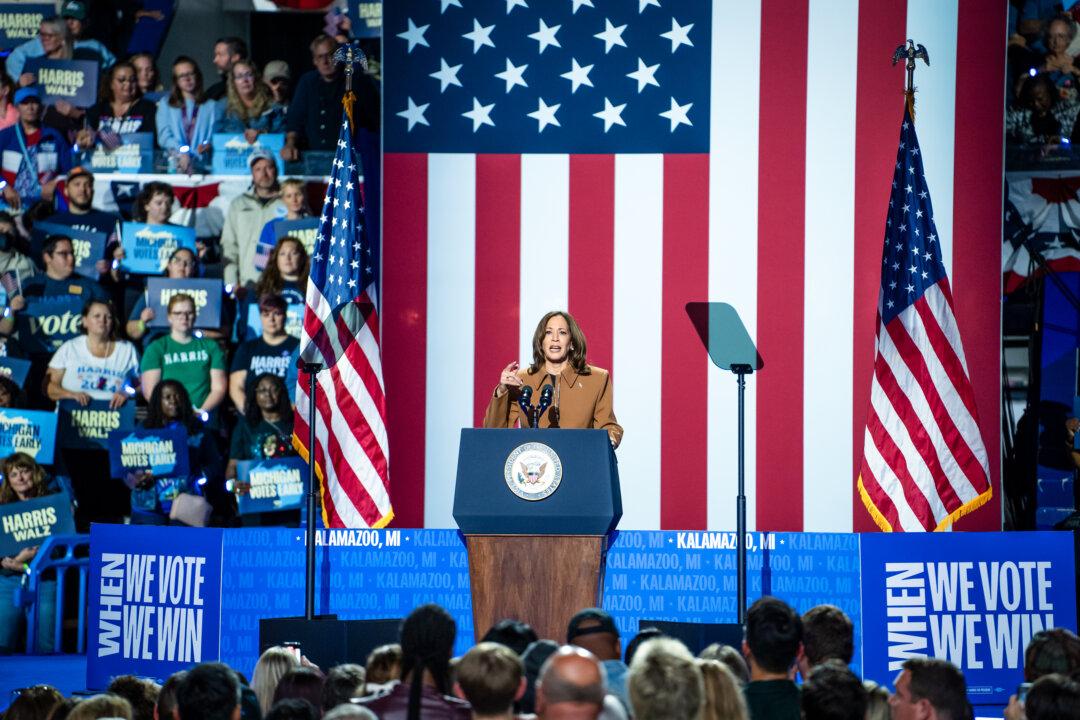 Democratic presidential nominee Vice President Kamala Harris speaks at Wings Event Center in Kalamazoo, Mich., on Oct. 26, 2024. (Madalina Vasiliu/The Epoch Times)