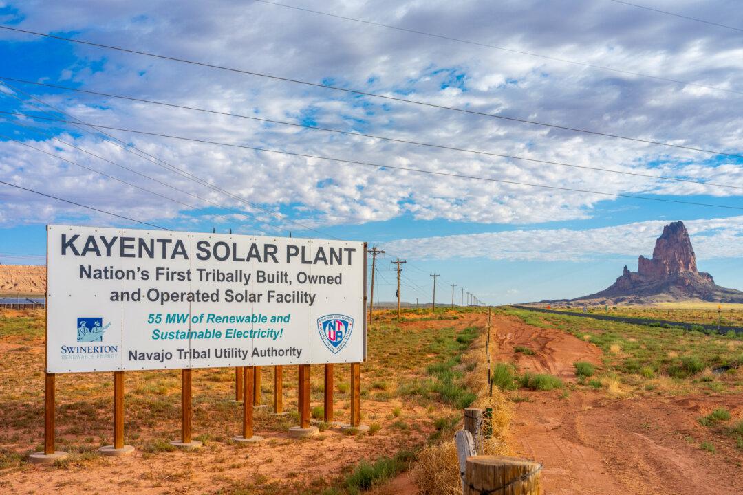 An entrance sign to the Kayenta Solar Plant in Kayenta, Ariz., on June 23, 2024. The Solar Energy Index CFD fell from $42 before the 2024 presidential election to $36 by week’s end. (Brandon Bell/Getty Images)