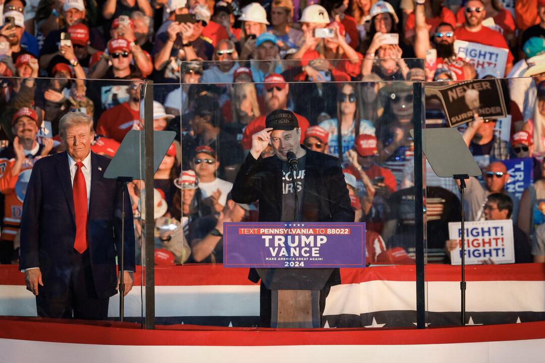 Tesla CEO Elon Musk endorses Republican presidential nominee and former President Donald Trump during a campaign rally at the Butler Farm Show fairgrounds in Butler, Pa., on Oct. 5, 2024. (Kevin Dietsch/Getty Images)