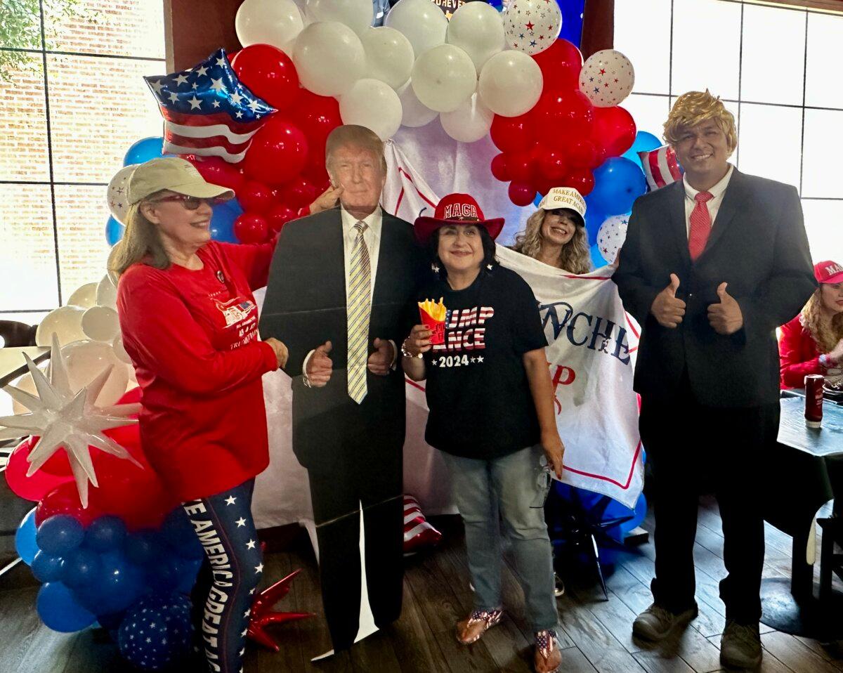 (L-R) Debbie Groves, Tammy Leal, Vangela Churchill, and Rafael Aguilar celebrate Trump's win at a barbecue spot in McAllen, Texas, on Nov. 9, 2024. (Darlene McCormick Sanchez/The Epoch Times)