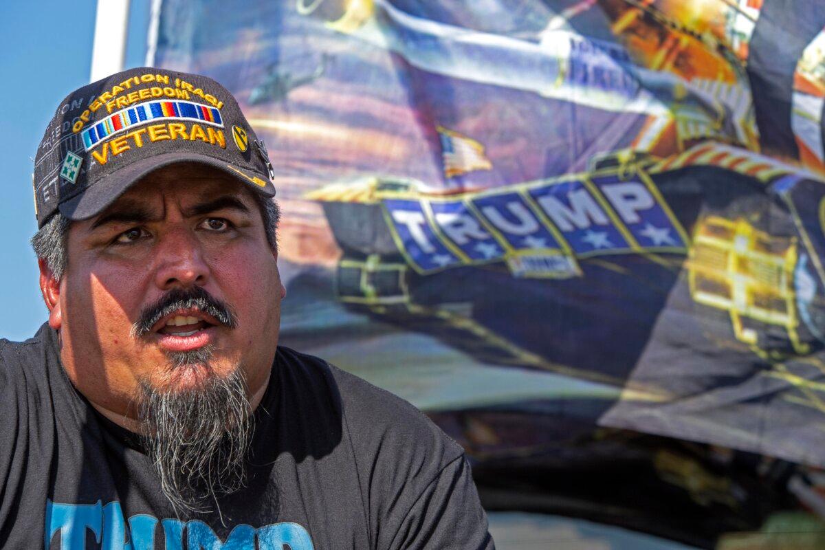 Army veteran Felix Cano, 42, of Weslaco speaks during a rally in McAllen, Texas, on Nov. 9, 2024. (Bobby Sanchez/The Epoch Times)