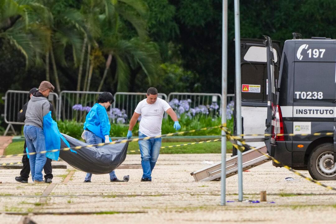 Forensic officers collect a body outside the Supreme Court following an explosion the previous night in Brasilia, Brazil, on Nov. 14, 2024. (Eraldo Peres/AP Photo)