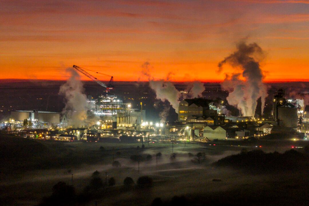 An aerial view of the TATA Chemicals Europe soda ash plant (right) standing next to the under-construction Lostock Sustainable Energy Plant in Northwich, United Kingdom on Nov. 14, 2024. (Christopher Furlong/Getty Images)