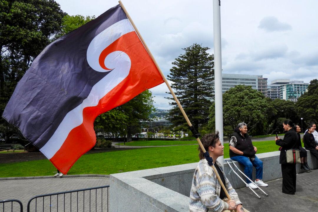 A protester against the Treaty Principles Bill sits outside Parliament in Wellington, New Zealand, on Nov. 14, 2024. (Charlotte Graham-McLay/AP Photo)