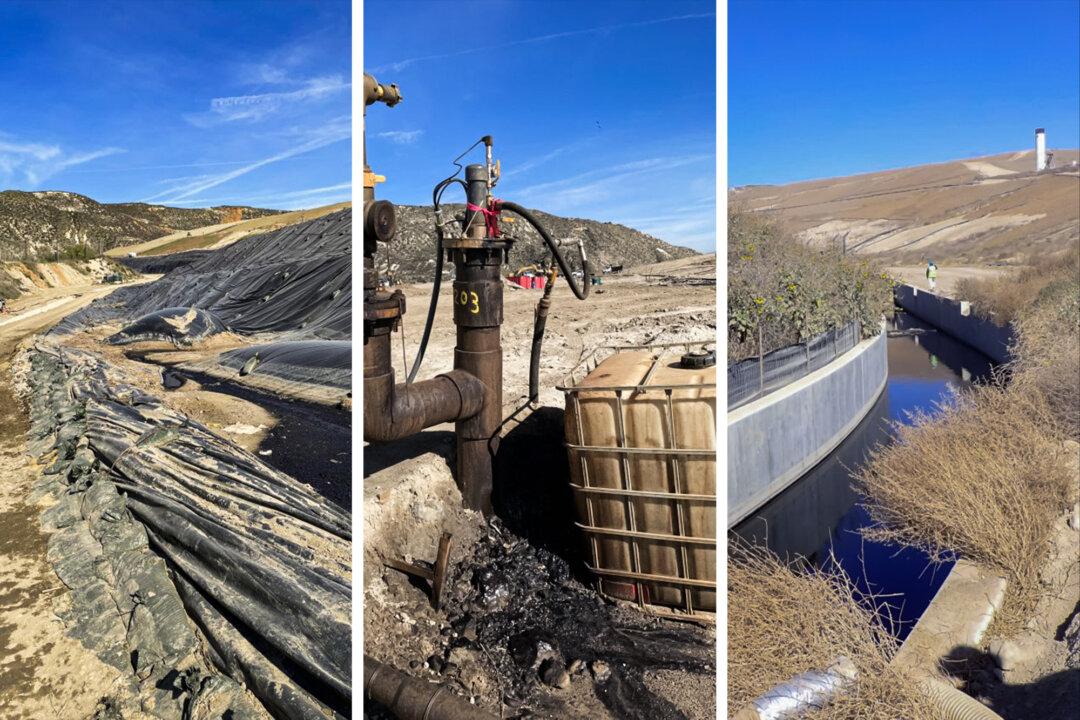 (Left) Liquid sits on top of scrim tarp and gas pillows at the Chiquita Canyon Landfill on Jan. 18, 2024. (Center) Previously Leaking Well CV2203 after repairs to gasket seal and leachate on ground, at the landfill on Jan. 18, 2024. (Right) Leachate filling drainage channel upstream of the check dam, at the landfill on Nov. 8, 2023. (U.S. Environmental Protection Agency)