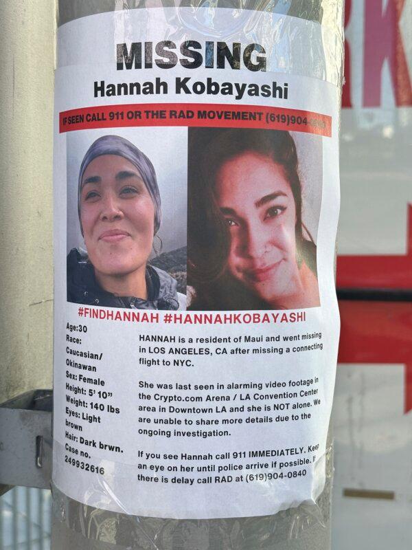 A flyer with information on Hannah Kobayashi, currently missing, is displayed in Los Angeles on Nov. 21, 2024. (Damian Dovarganes/AP Photo)