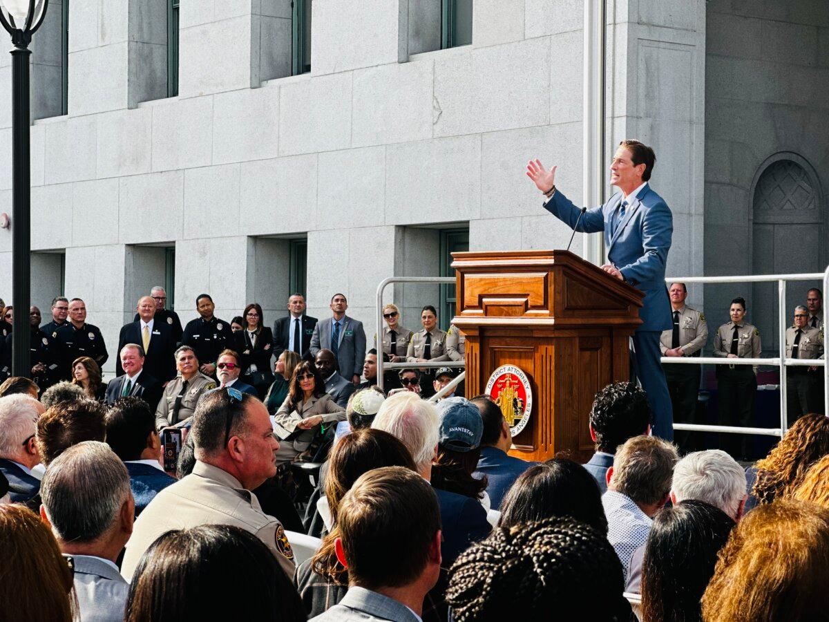 District Attorney Nathan Hochman speaks at the Hall of Justice. (Jill McLaughlin/The Epoch Times)