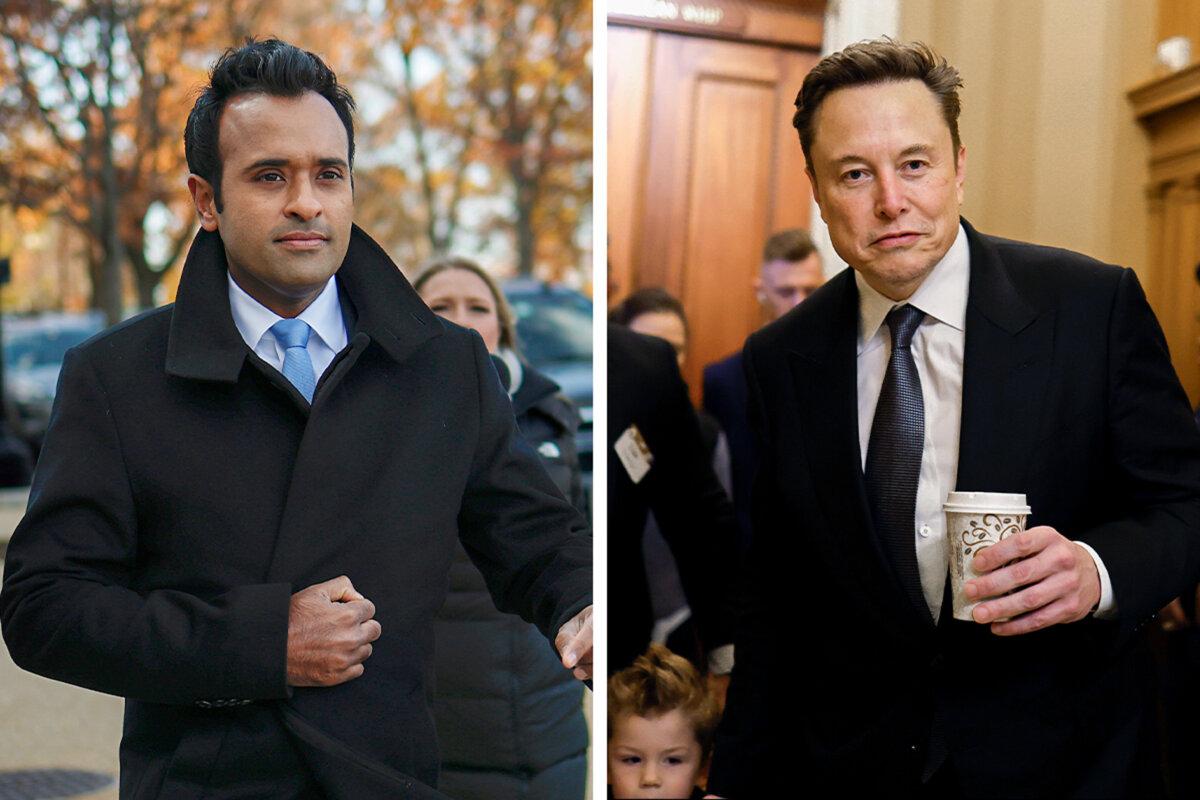 Businessman Vivek Ramaswamy (L) and Elon Musk (R), co-chairs of the newly announced Department of Government Efficiency, arrive on Capitol Hill on Dec. 5, 2024. (Anna Moneymaker/Getty Images)