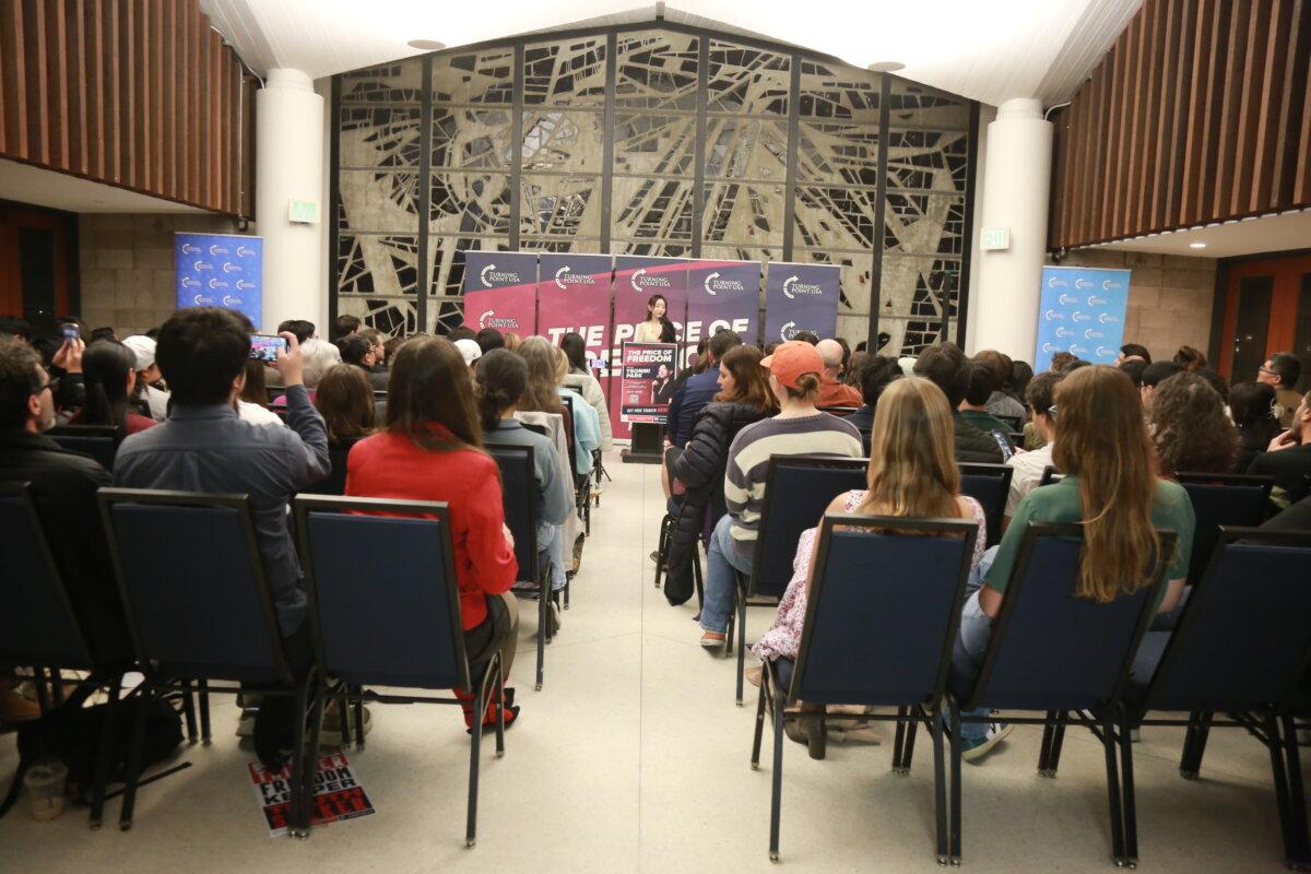 Yeonmi Park speaks to UC Berkeley students during “The Price of Freedom” event by Turning Point USA in Berkeley, Calif., on Dec. 5, 2024. (Kerry Xue/The Epoch Times)