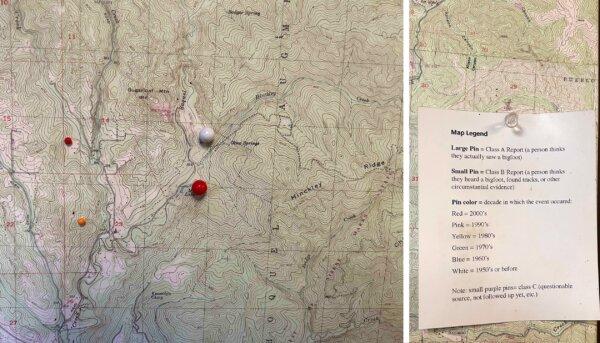 (L) A map with a red pin marking a Bigfoot sighting in 2024 next to a white pin marking a 1954 sighting. (R) The map legend for different pins in the Bigfoot Discovery Museum in Felton, Calif., on Dec. 8, 2024. (Steve Ispas/The Epoch Times)