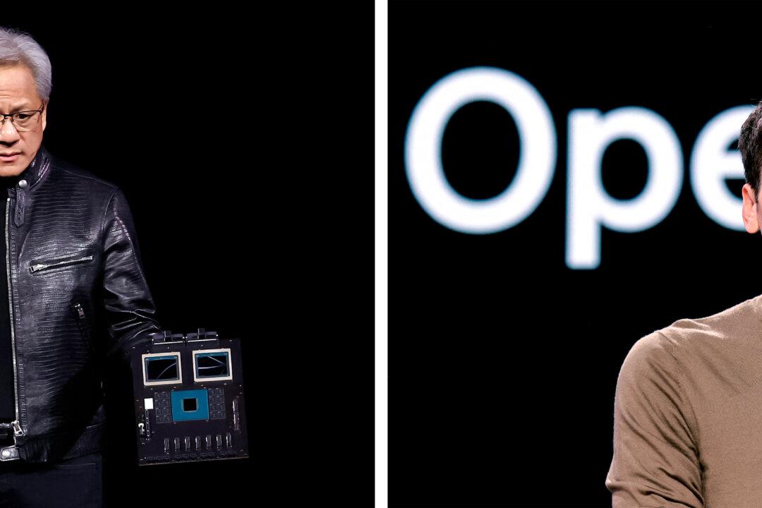 (Left) Nvidia CEO Jensen Huang delivers a keynote address during the Nvidia GTC Artificial Intelligence Conference at SAP Center in San Jose, Calif., on March 18, 2024. (Right) OpenAI CEO Sam Altman speaks during the Microsoft Build conference at the Seattle Convention Center Summit Building in Seattle on May 21, 2024. (Justin Sullivan/Getty Images, Jason Redmond/AFP via Getty Images)