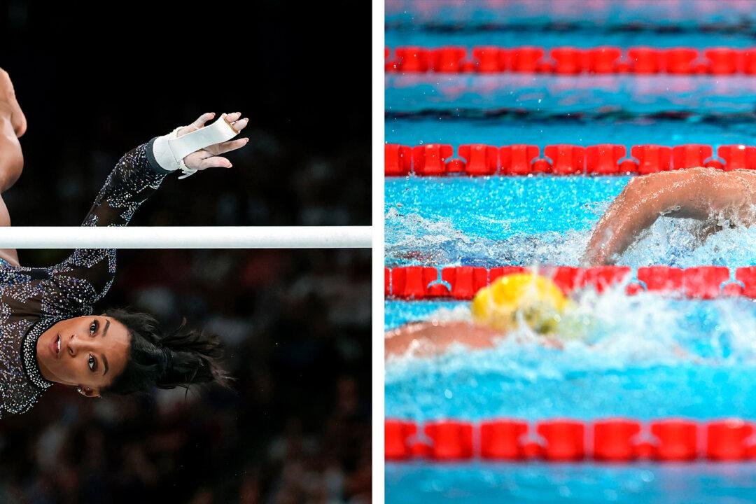 (Left) Simone Biles of Team USA competes on the uneven bars during the Women's Artistic Gymnastics Qualification at the 2024 Olympic Games in Paris on July 28, 2024. (Right) Katie Ledecky competes in the final of the women's 800m freestyle swimming event during the 2024 Olympic Games in Nanterre, west of Paris, on Aug. 3, 2024. (Naomi Baker/Getty Images, Jonathan Nackstrand/AFP via Getty Images)