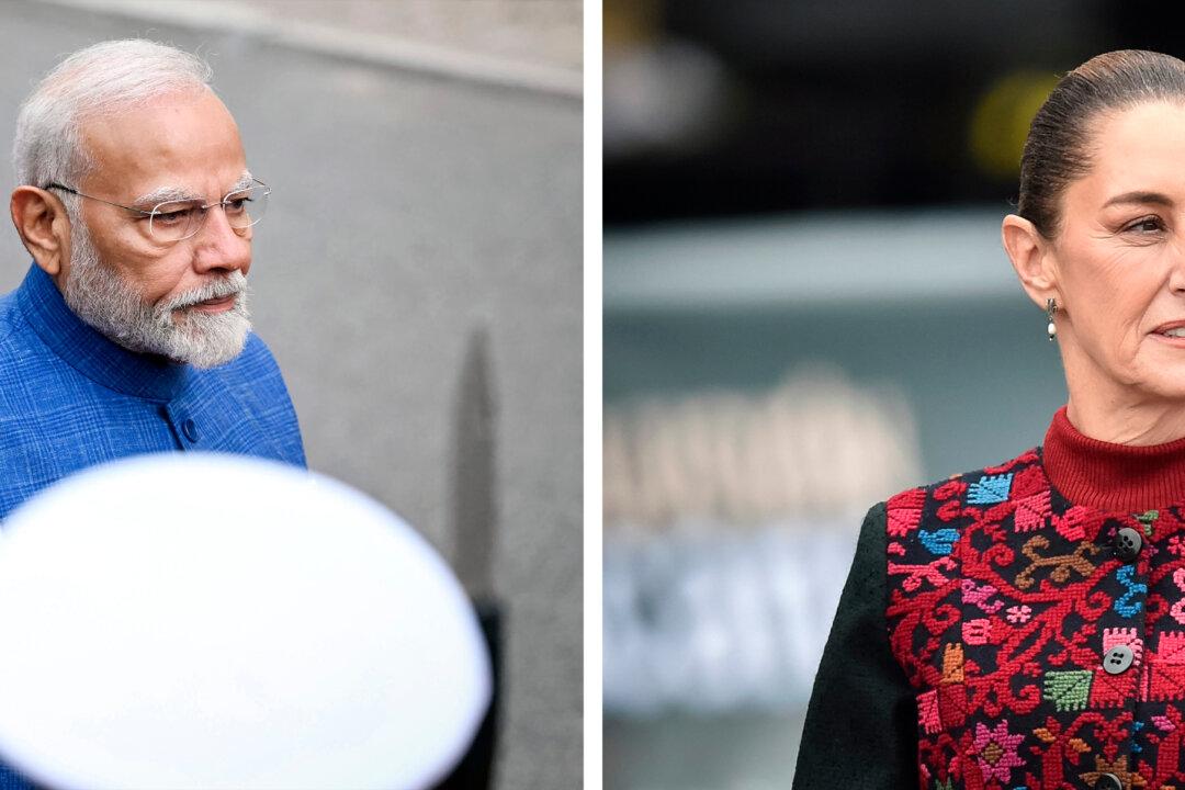 (Left) Indian Prime Minister Narendra Modi reviews a military honor guard during a visit to Polish Prime Minister's Office in Warsaw, Poland, on Aug. 22, 2024. (Right) Mexican President Claudia Sheinbaum attends a military parade commemorating the 114th anniversary of the Mexican Revolution, on the Zocalo square in Mexico City, on Nov. 20, 2024. (Sergei Gapon/AFP via Getty Images, Rodrigo Oropeza/AFP via Getty Images)