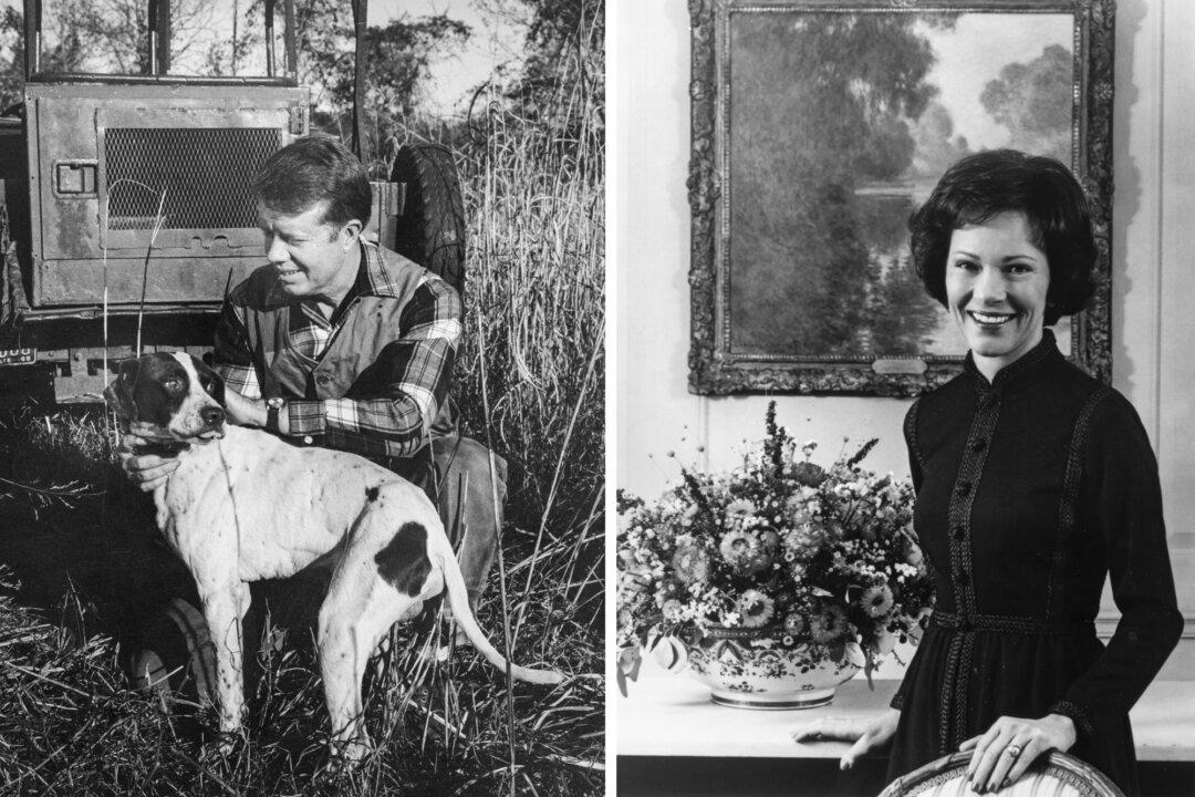 (Left) U.S. politician Jimmy Carter crouches down to pet his dog on his peanut farm in Plains, Ga., in 1970. (Right) Rosalynn Smith Carter, wife of President Jimmy Carter, grew up alongside the future president in Plains, Ga., and assisted him in running his family peanut farm. (Archive Photos/Hulton Archive/Getty Images)