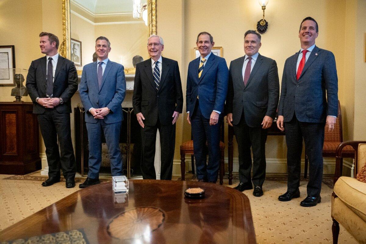 Senate Minority Leader Mitch McConnell (R-Ky.) (3rd-L) poses with newly elected Republican Sens. (L-R) Tim Sheehy (R-Mont.), Jim Banks (R-Ind.), John Curtis (R-Utah), Dave McCormick (R-Pa.), and Bernie Moreno (R-Ohio) on Capitol Hill on Nov. 12, 2024. (Andrew Harnik/Getty Images)