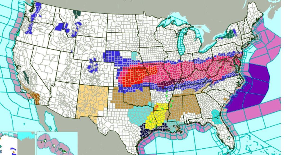 According to this map from the National Weather Serivce issued on Jan. 5, 2025, winter storm warnings, in light purple, and blizarrd warnings, in red, were issued for states stretching from the central part of the United States to the Mid-Atlantic. (NWS)