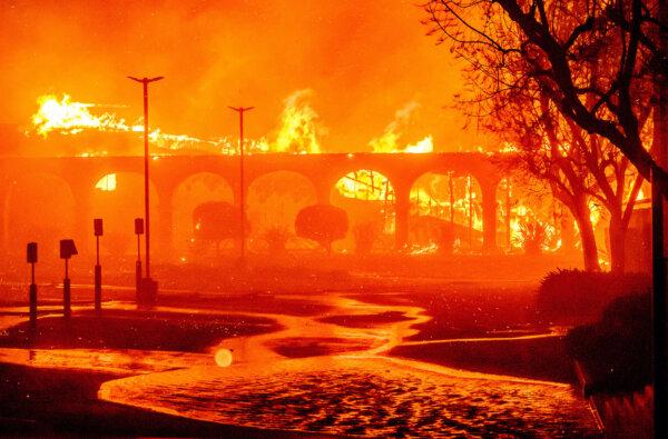 The Pasadena Jewish Temple & Center burns during the Eaton fire in Pasadena, Calif., on Jan. 7, 2025. (Josh Edelson/AFP via Getty Images)